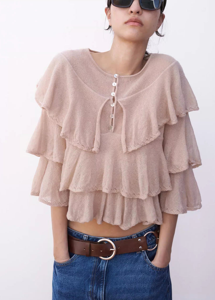 Italian Pink Ruffled Knit Short Tops Spring