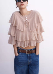 Italian Pink Ruffled Knit Short Tops Spring
