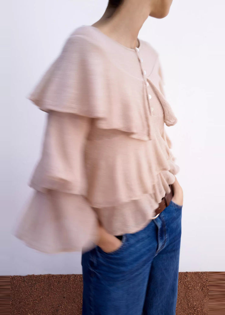 Italian Pink Ruffled Knit Short Tops Spring