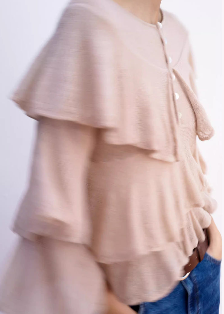 Italian Pink Ruffled Knit Short Tops Spring