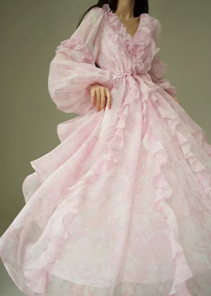 Italian Pink Ruffled Print Lace Up Chiffon Long Dress Fall