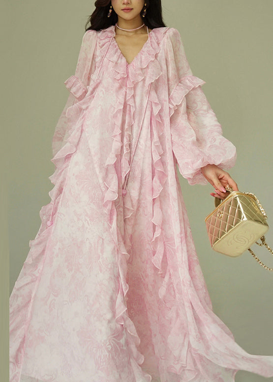Italian Pink Ruffled Print Lace Up Chiffon Long Dress Fall