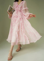 Italian Pink Ruffled Print Lace Up Chiffon Long Dress Fall
