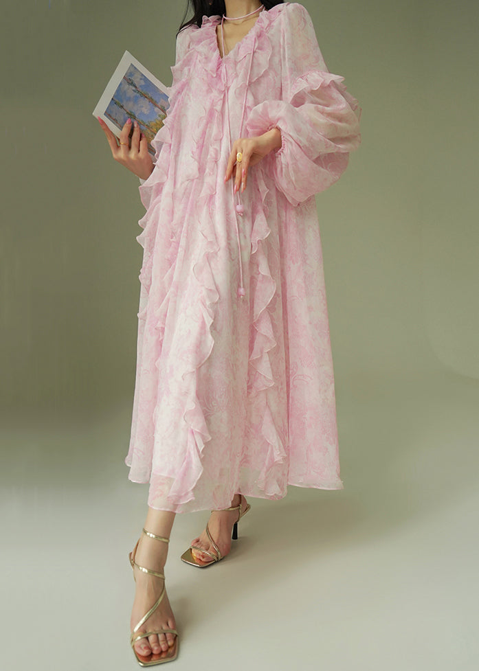 Italian Pink Ruffled Print Lace Up Chiffon Long Dress Fall