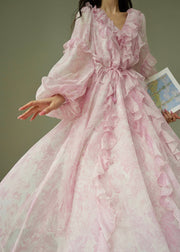 Italian Pink Ruffled Print Lace Up Chiffon Long Dress Fall