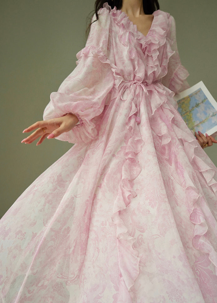 Italian Pink Ruffled Print Lace Up Chiffon Long Dress Fall