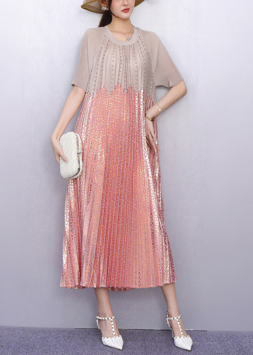 Italian Pink Sequins Patchwork Nail Bead Pleated Dresses Summer
