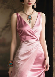 Italian Pink Side Open Tulle Patchwork Silk Beach Dress Summer