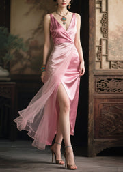 Italian Pink Side Open Tulle Patchwork Silk Beach Dress Summer