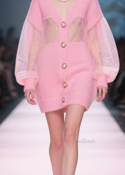 Italian Pink V Neck Tulle Button Patchwork Knit Cardigan Fall