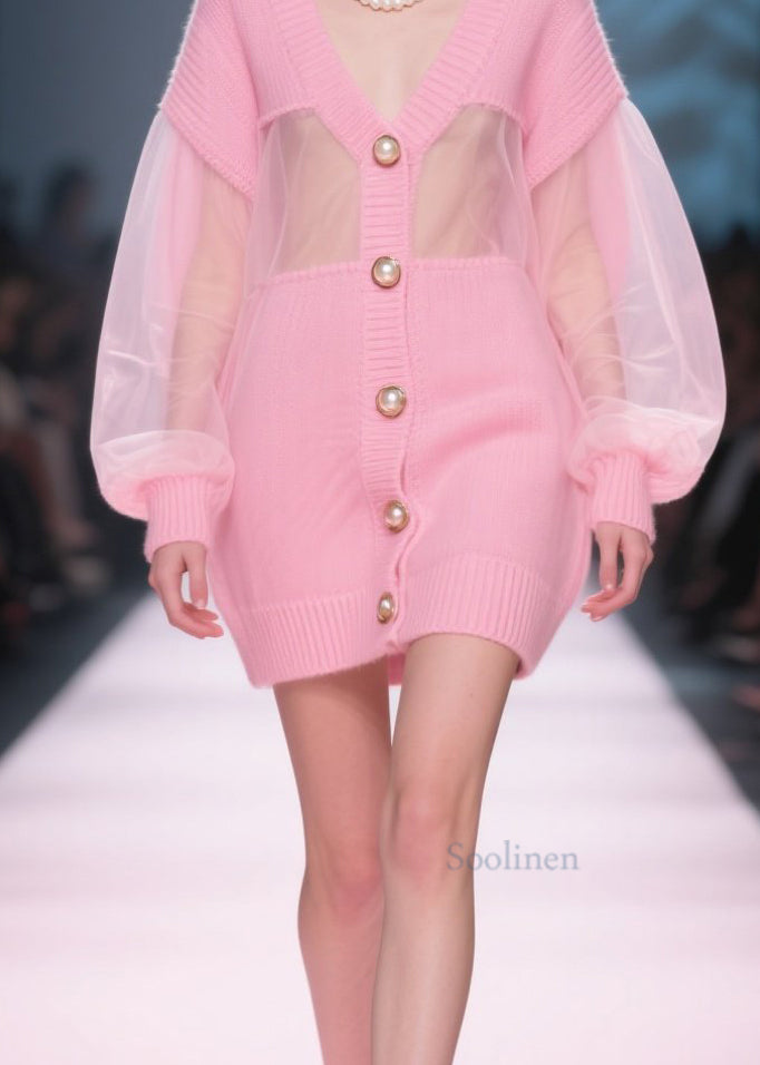 Italian Pink V Neck Tulle Button Patchwork Knit Cardigan Fall