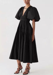 Italian Pink V Neck Wrinkled Cotton Maxi Dress Puff Sleeve