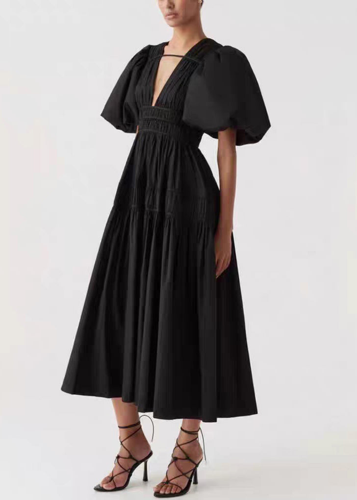 Italian Pink V Neck Wrinkled Cotton Maxi Dress Puff Sleeve