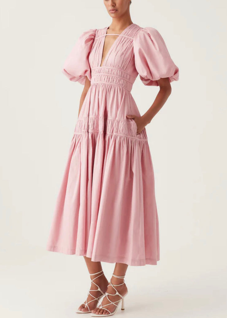 Italian Pink V Neck Wrinkled Cotton Maxi Dress Puff Sleeve