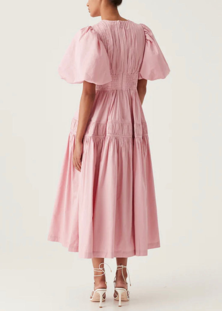 Italian Pink V Neck Wrinkled Cotton Maxi Dress Puff Sleeve