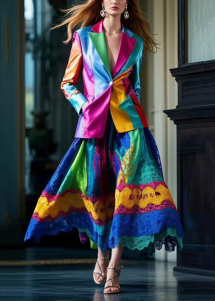 Italian Polychrome Silm Fit Fine Silk Two Piece Set Outfits Spring