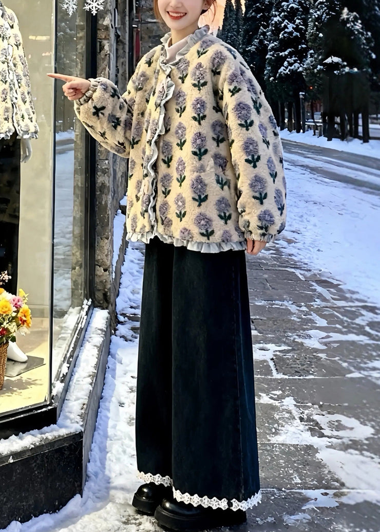 Italian Print Ruffled Patchwork Mink Velvet Coats And Wide Leg Pants Two Pieces Set Winter