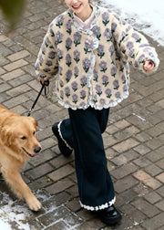 Italian Print Ruffled Patchwork Mink Velvet Coats And Wide Leg Pants Two Pieces Set Winter