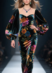 Italian Print Side Open Velvet Long Dresses Lantern Sleeve