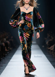 Italian Print Side Open Velvet Long Dresses Lantern Sleeve