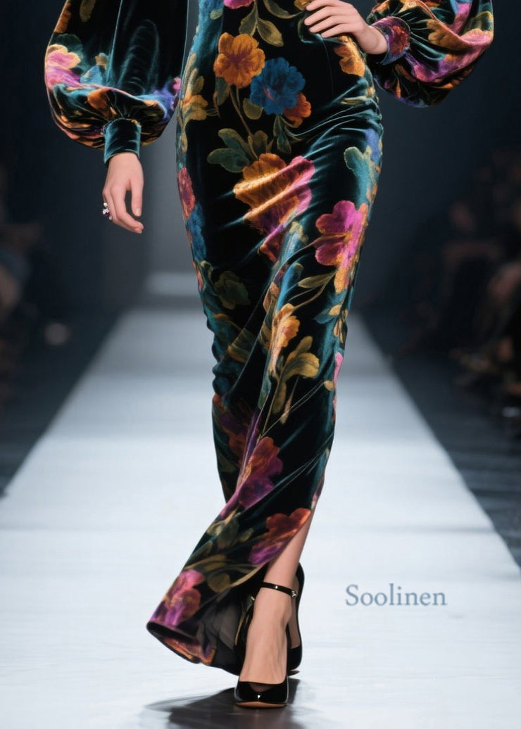 Italian Print Side Open Velvet Long Dresses Lantern Sleeve