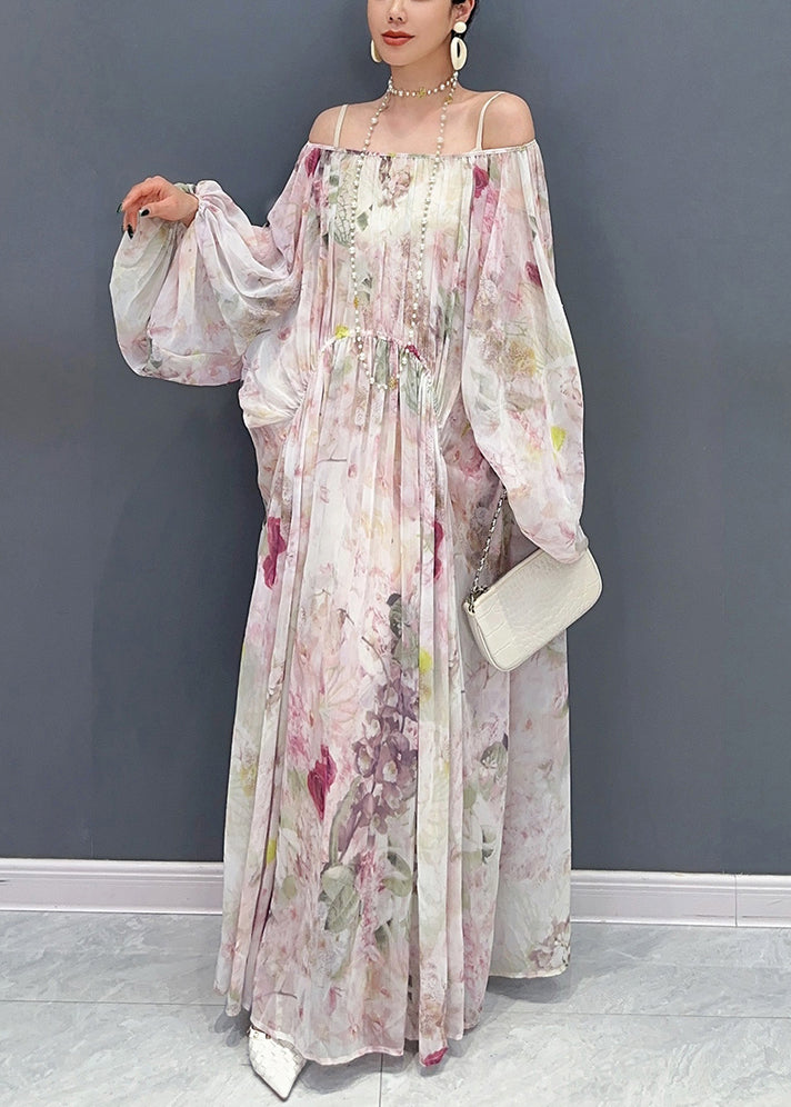 Italian Print Wrinkled Side Open Chiffon Long Dresses Puff Sleeve