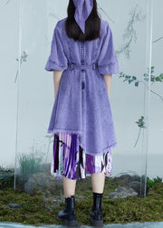 Italian Purple Asymmetrical Design Patchwork Denim Dresses Lantern Sleeve