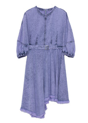 Italian Purple Asymmetrical Design Patchwork Denim Dresses Lantern Sleeve
