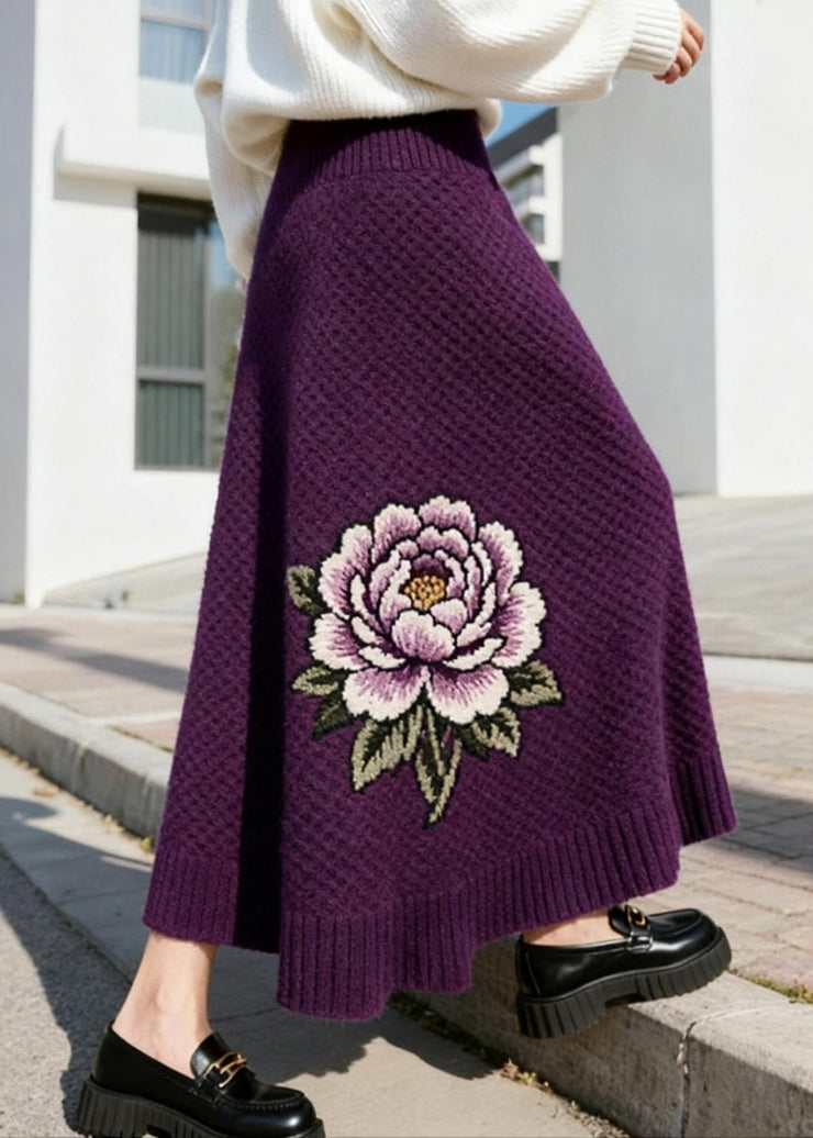 Italian Purple Floral High Waist Knit Skirt Winter