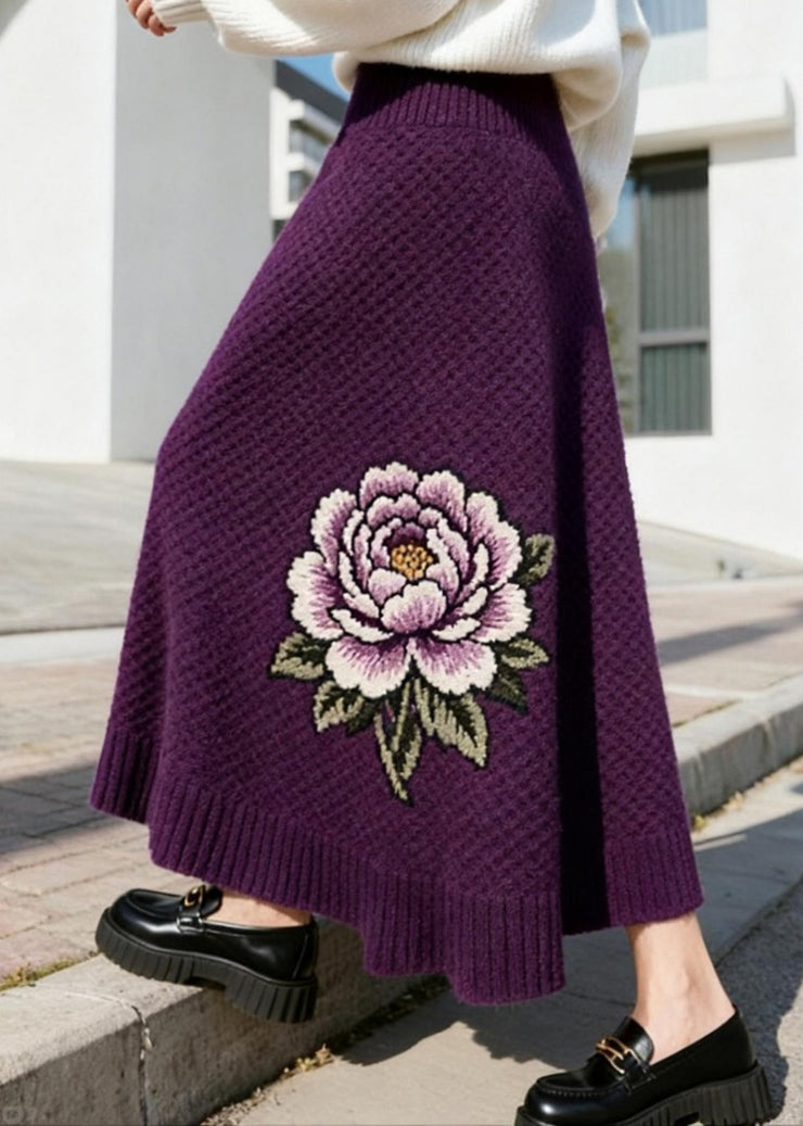 Italian Purple Floral High Waist Knit Skirt Winter