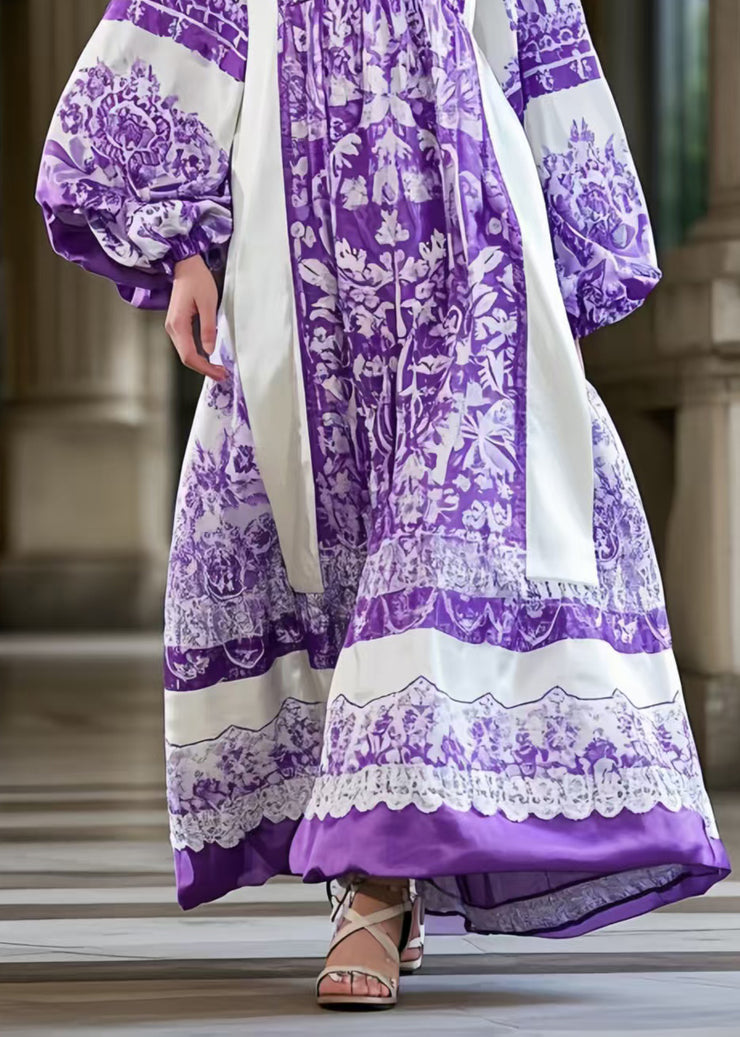 Italian Purple Oversized Print Silk Vacation Dresses Lantern Sleeve