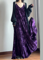 Italian Purple V Neck Jacquard Silk Velvet Spaghetti Strap Dress Sleeveless