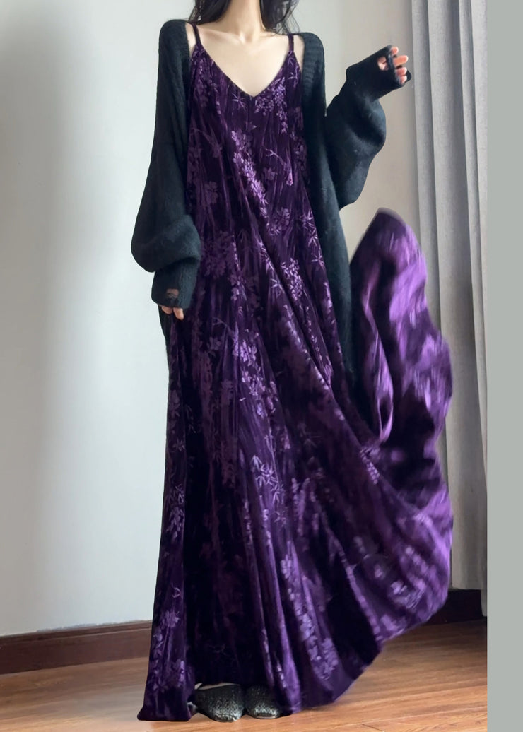 Italian Purple V Neck Jacquard Silk Velvet Spaghetti Strap Dress Sleeveless
