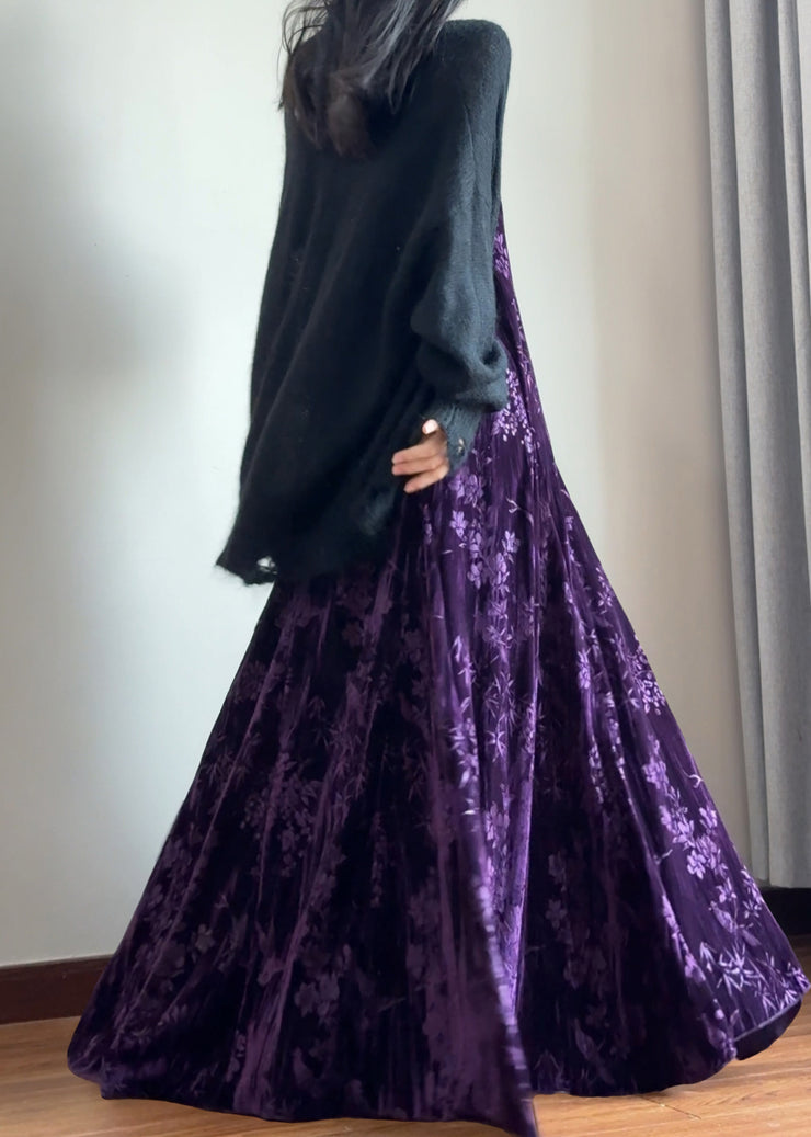 Italian Purple V Neck Jacquard Silk Velvet Spaghetti Strap Dress Sleeveless