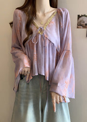 Italian Purple V Neck Lace Up Patchwork Chiffon Tops Fall
