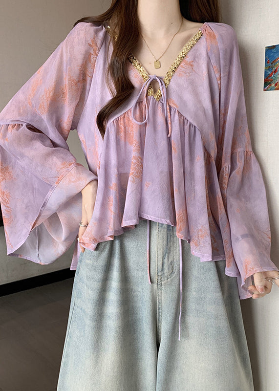 Italian Purple V Neck Lace Up Patchwork Chiffon Tops Fall