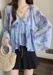 Italian Purple V Neck Lace Up Patchwork Chiffon Tops Fall