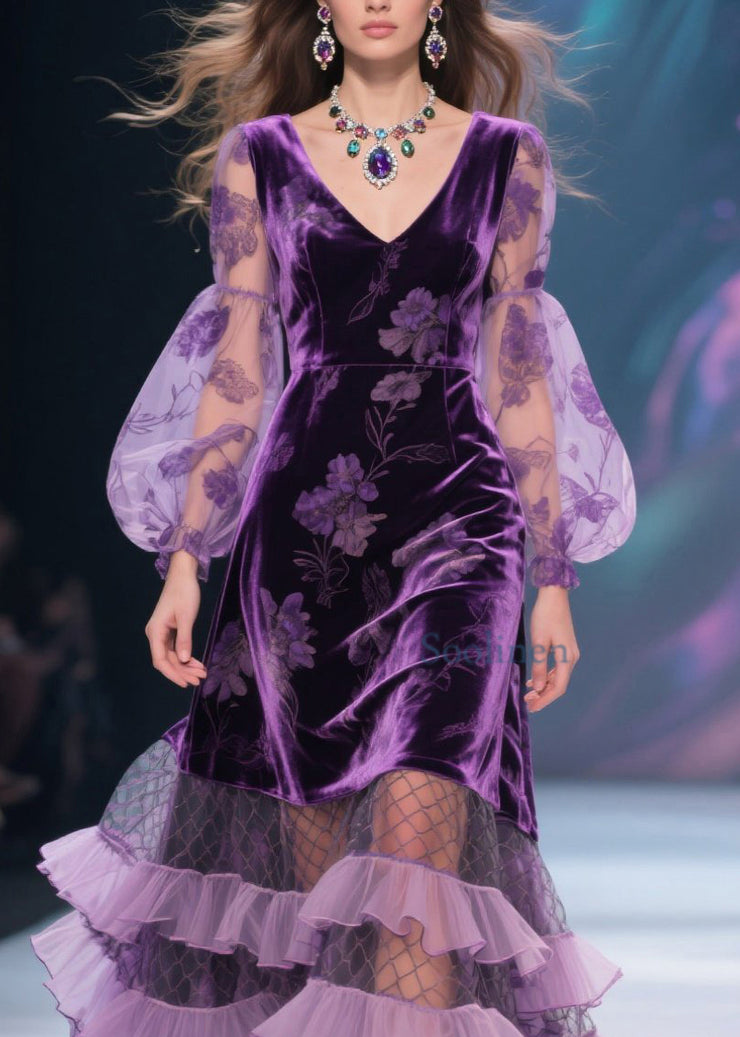 Italian Purple V Neck Print Tulle Ruffled Velvet Dress Fall