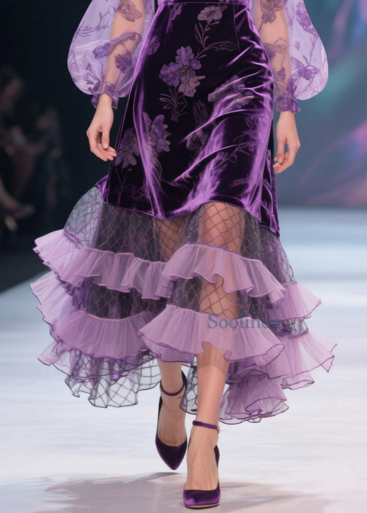 Italian Purple V Neck Print Tulle Ruffled Velvet Dress Fall