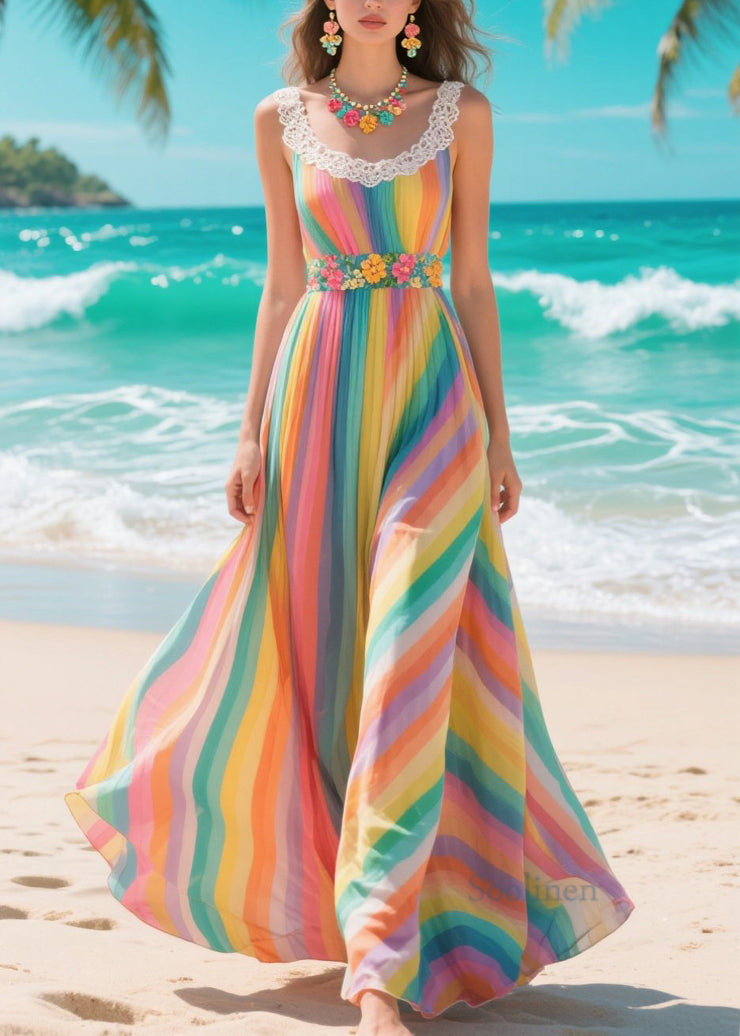 Italian Rainbow Patchwork Lace Chiffon Cami Dresses Summer