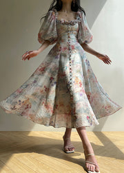 Italian Rainbow Ruffled Print Lace Up Silk Long Dress Puff Sleeve