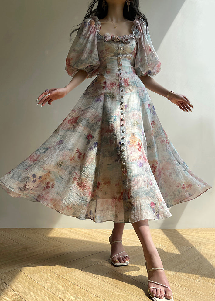 Italian Rainbow Ruffled Print Lace Up Silk Long Dress Puff Sleeve