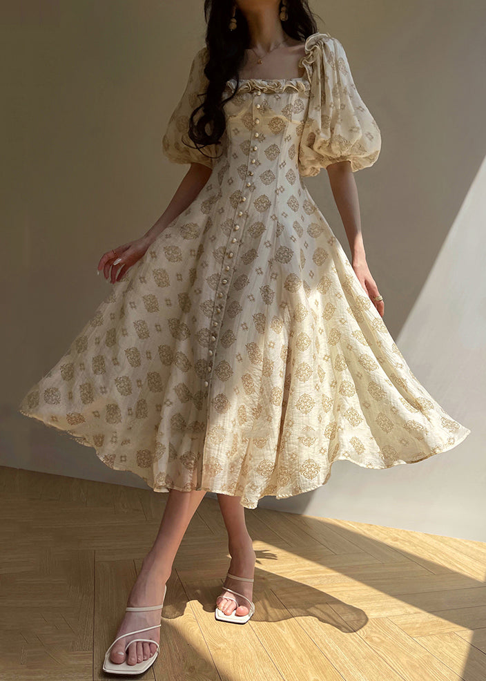 Italian Rainbow Ruffled Print Lace Up Silk Long Dress Puff Sleeve