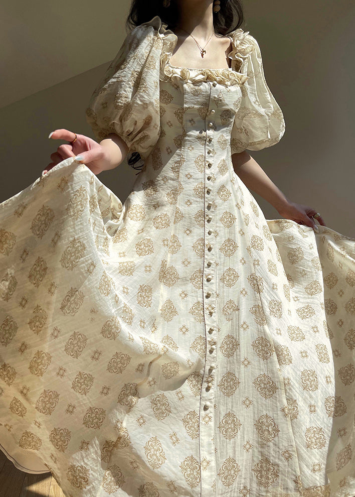 Italian Rainbow Ruffled Print Lace Up Silk Long Dress Puff Sleeve