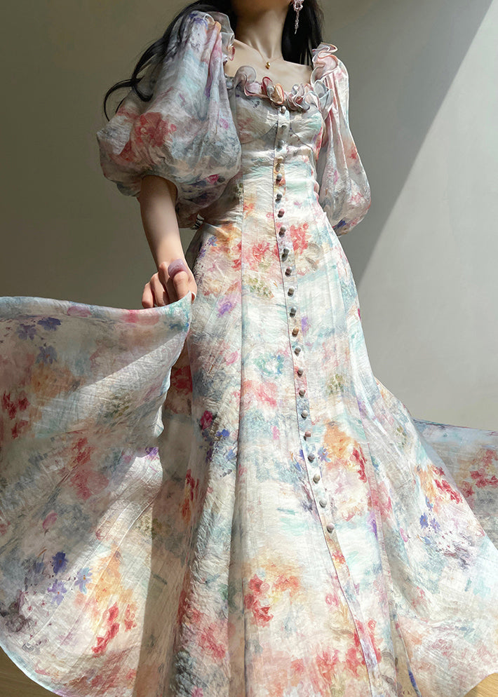 Italian Rainbow Ruffled Print Lace Up Silk Long Dress Puff Sleeve