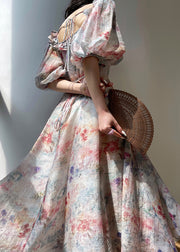 Italian Rainbow Ruffled Print Lace Up Silk Long Dress Puff Sleeve