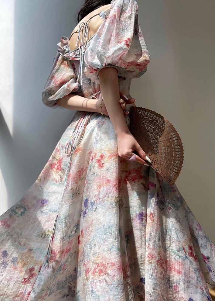 Italian Rainbow Ruffled Print Lace Up Silk Long Dress Puff Sleeve