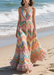 Italian Rainbow Ruffled Striped Chiffon Beach Dresses Summer