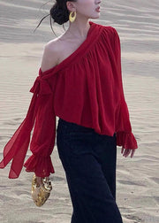 Italian Red One Shoulder Draping Chiffon Shirt Top Fall