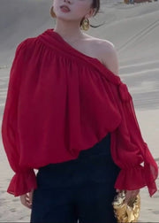 Italian Red One Shoulder Draping Chiffon Shirt Top Fall